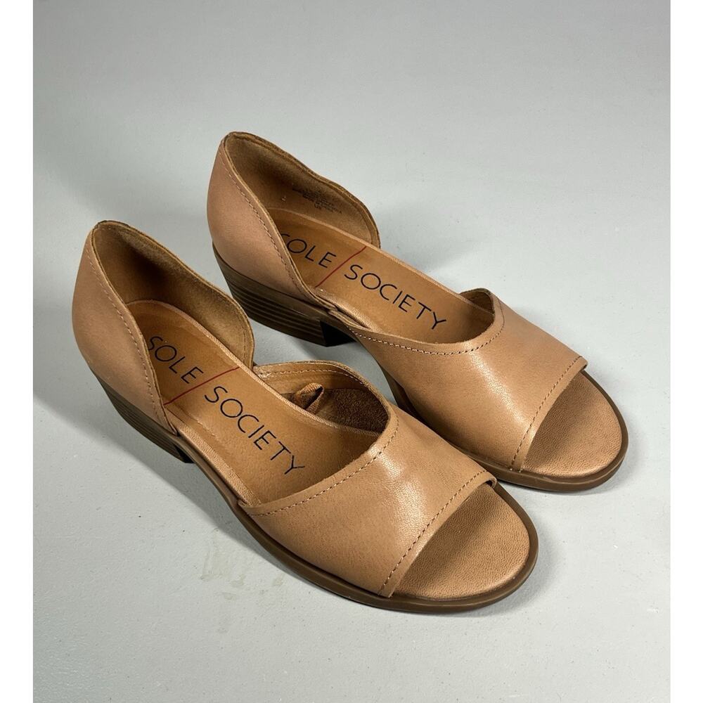 Sole Society Sefia Leather Shoes Womens 7.5 Beige Stack Heel Slip On Open Toe